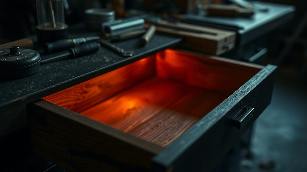 Workshop drawer layout with orange guide lines